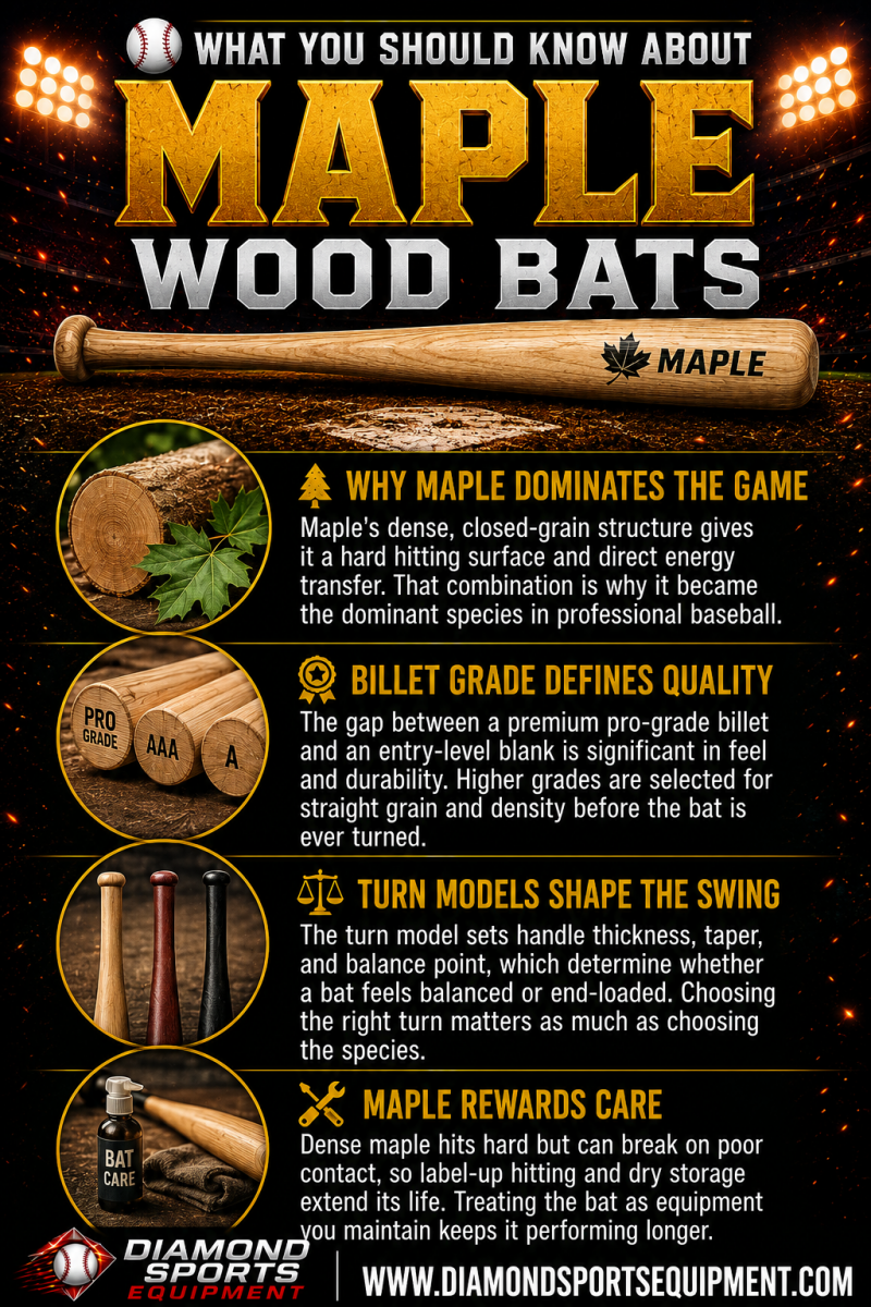 Maple wood bat guide covering maple wood benefits, billet grades, turn models, and proper maple bat care for baseball players.