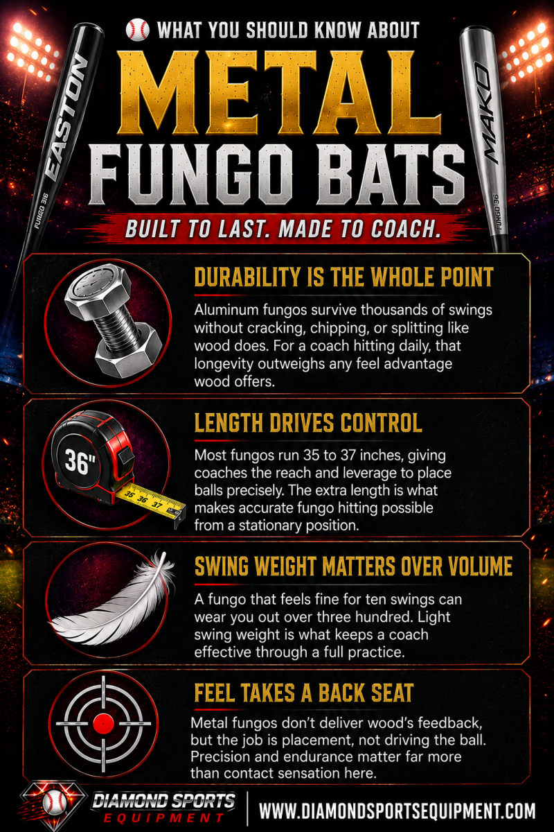 Metal fungo bats infographic explaining aluminum durability, ideal fungo length, swing weight, and precision for baseball coaches.