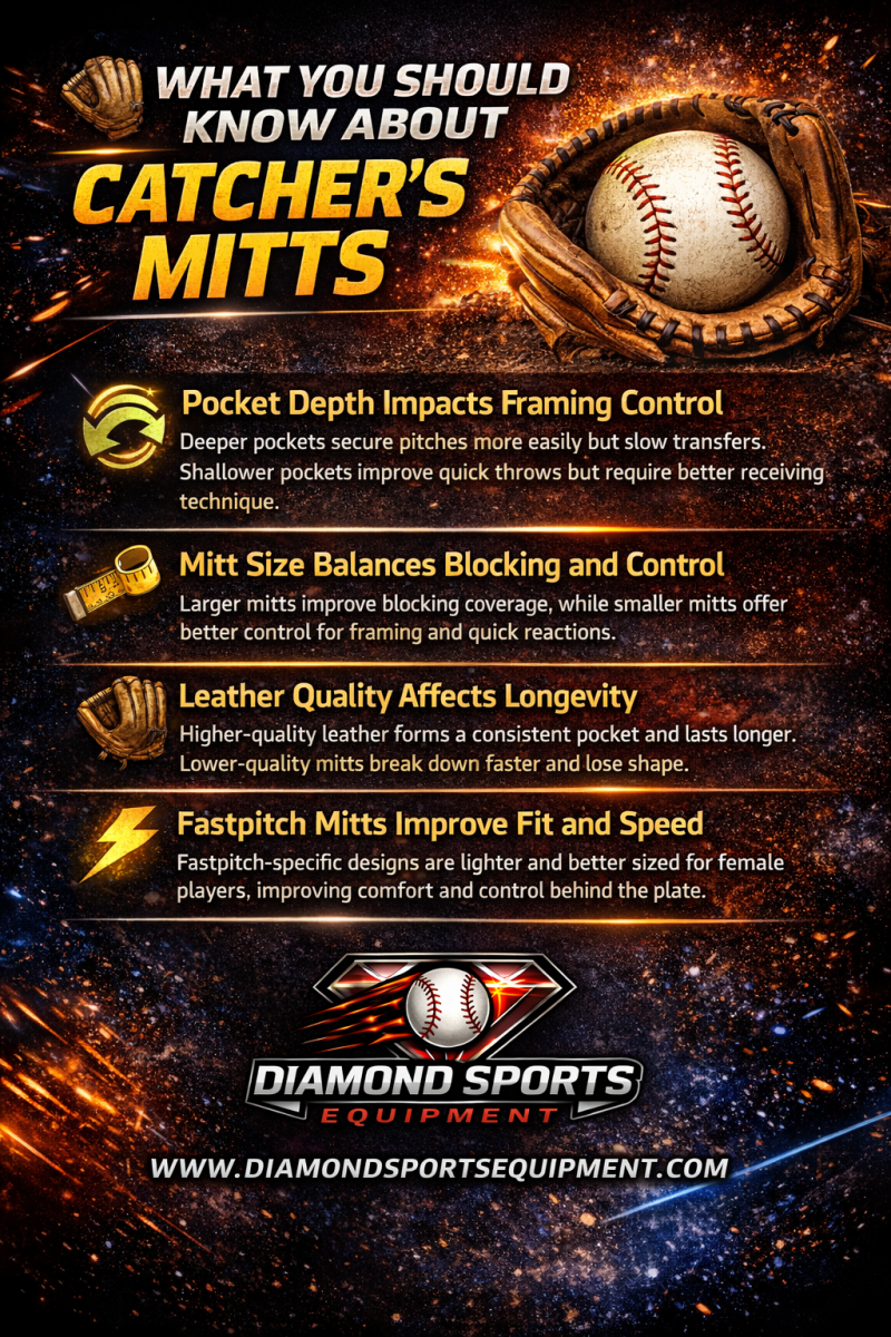 Catcher’s mitts infographic explaining pocket depth, mitt size, leather quality, and fastpitch-specific design differences.