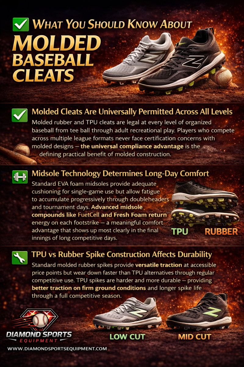 Molded baseball cleats infographic showing TPU vs rubber spikes, midsole cushioning, and low vs mid cut cleat design benefits.