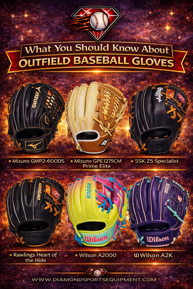 Infographic explaining key features of outfield baseball gloves including pocket depth, glove size, web style, and leather quality.