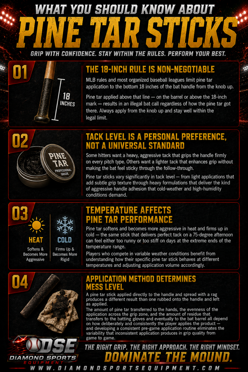 Baseball pine tar sticks infographic explaining the 18-inch rule, tack levels, temperature effects, and proper application techniques for better bat grip and control.