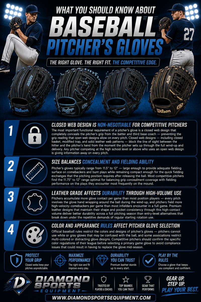 Pitcher’s gloves infographic explaining closed webs, sizing, leather durability, and glove color rules on a dark stadium background with Diamond Sports Equipment branding.