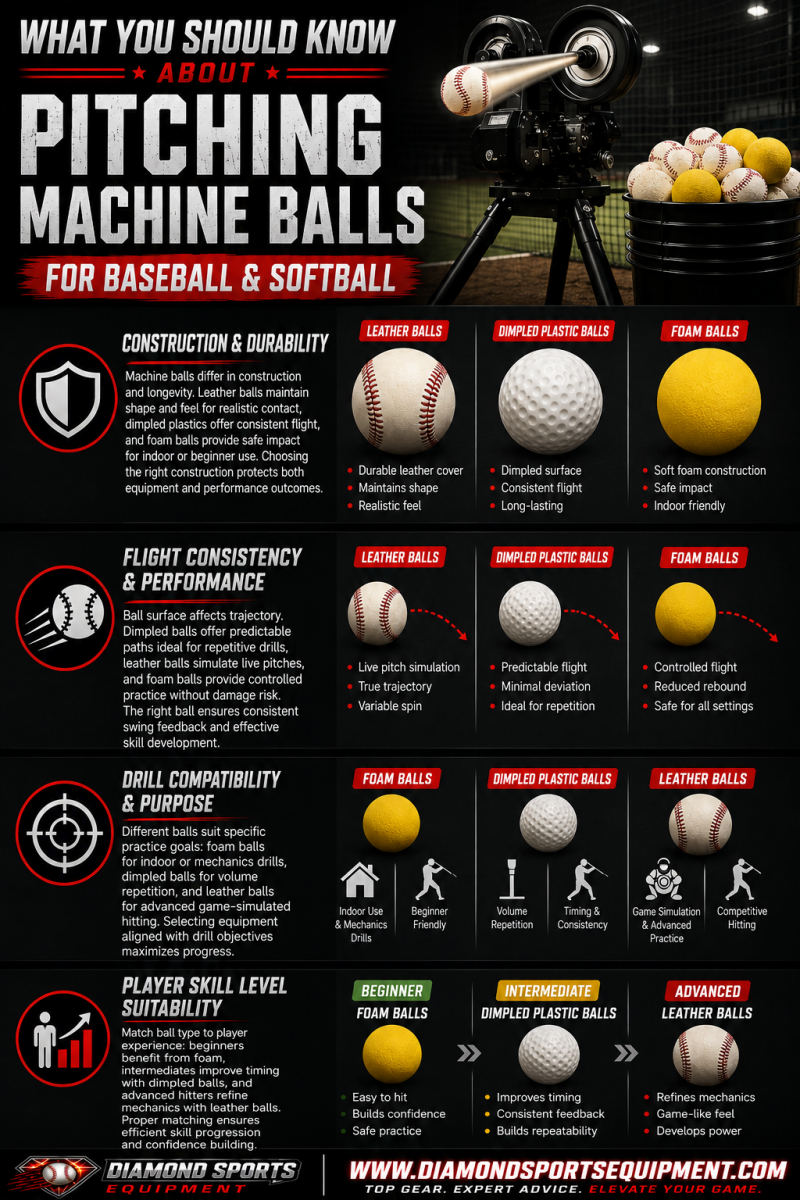 Pitching machine balls infographic covering construction, flight consistency, drill compatibility, and player skill level recommendations for baseball and softball training.