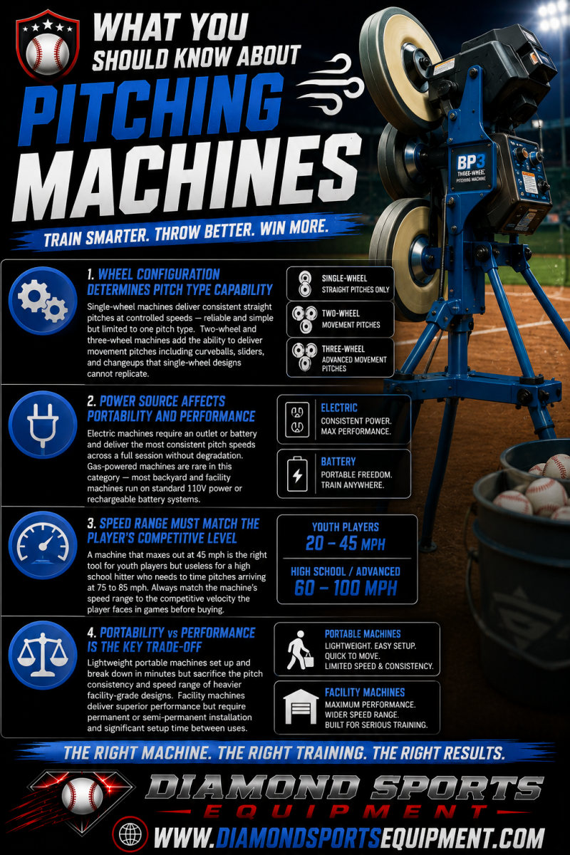 Pitching machines infographic explaining wheel configurations, power sources, speed ranges, and portability differences for baseball and softball training machines.