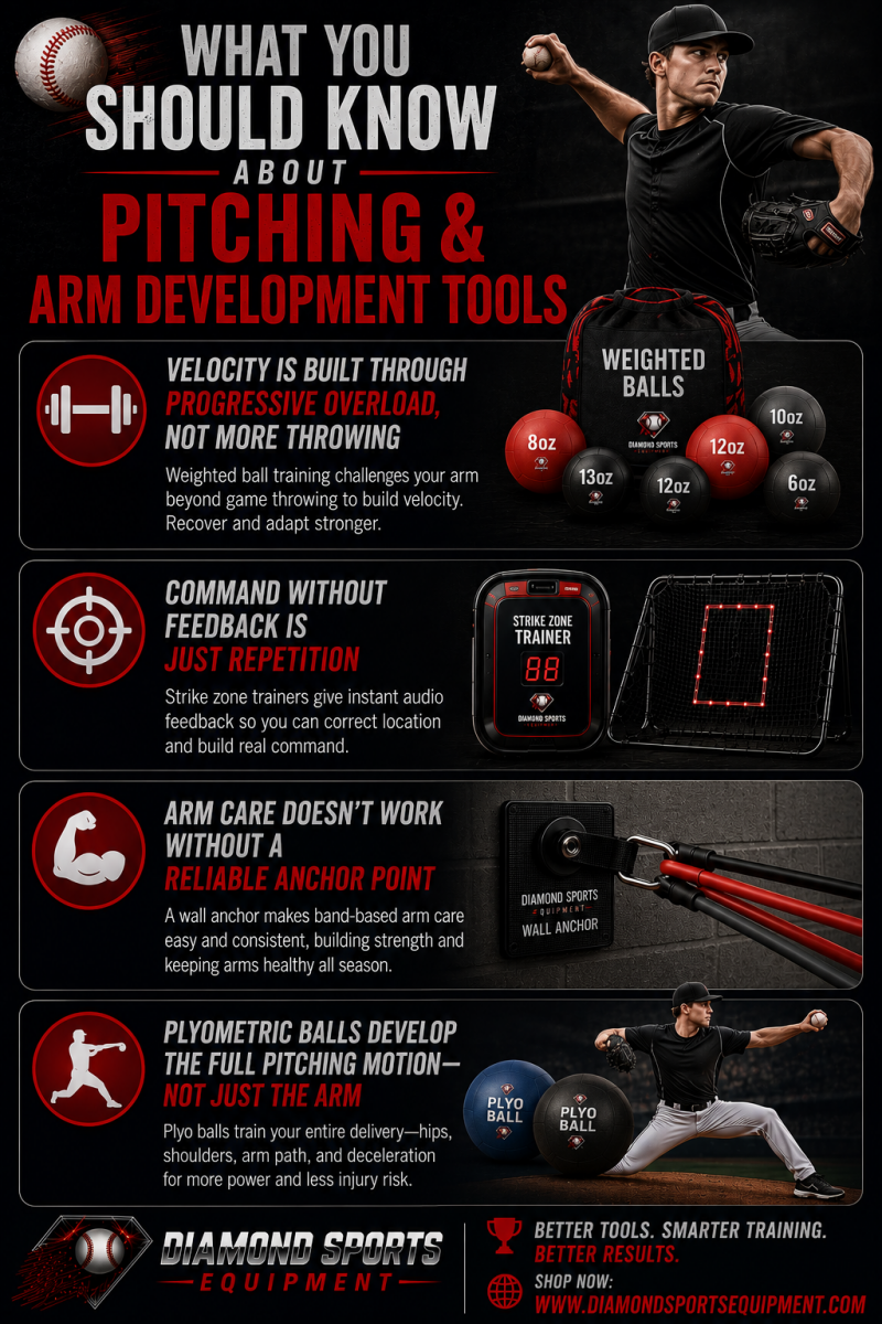 Pitching and arm development tools infographic featuring weighted balls, strike zone trainers, resistance bands, plyo balls, and Diamond Sports Equipment branding.