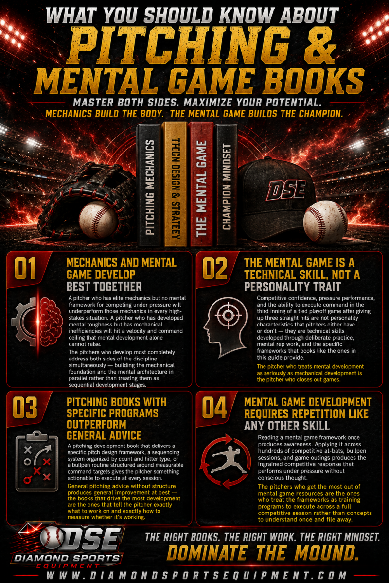 Pitching and mental game books infographic featuring competitive pitching development, mental toughness training, structured pitching programs, repetition-based confidence building, fiery cosmic stadium graphics, and Diamond Sports Equipment branding.