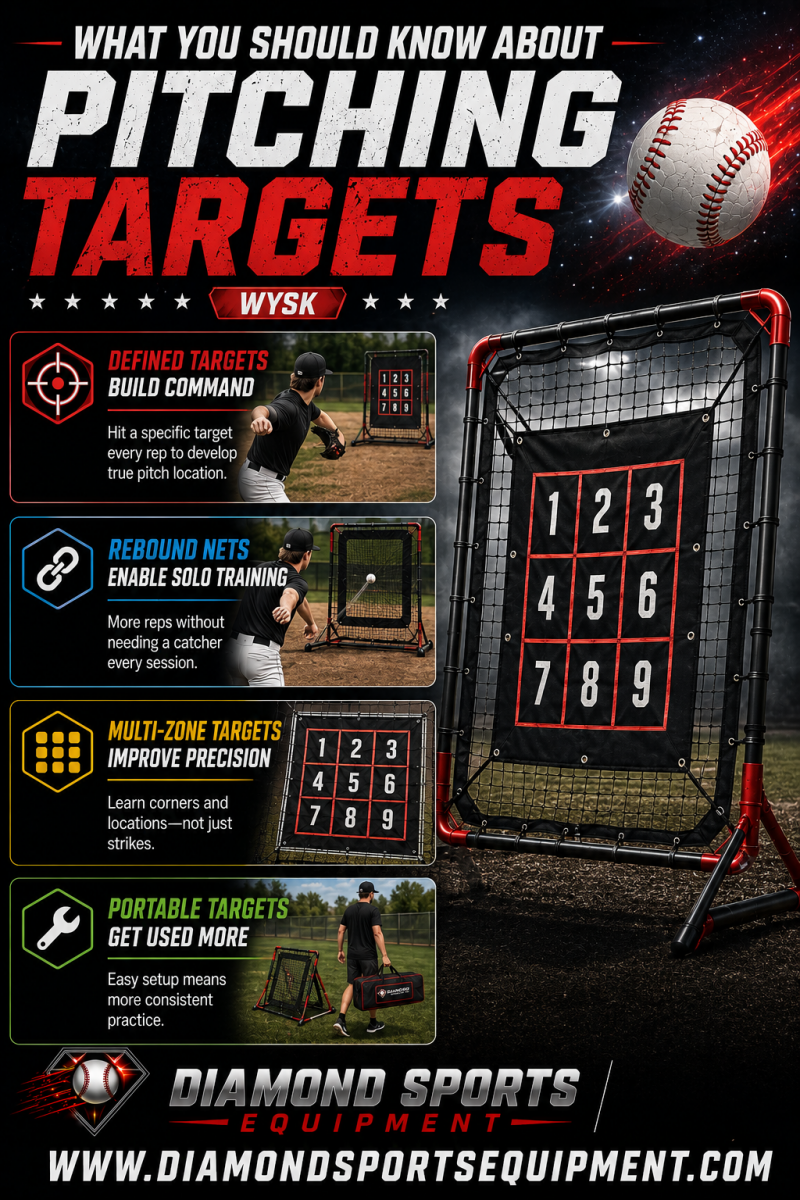 Pitching target infographic featuring JUGS Instant Screen, PowerNet Strike Zone Pitching Target, GoSports Baseball Pitching Target, Rukket Pitch Back Rebounder, Franklin Sports Pitch Trainer, and SKLZ Quickster Pitching Target.