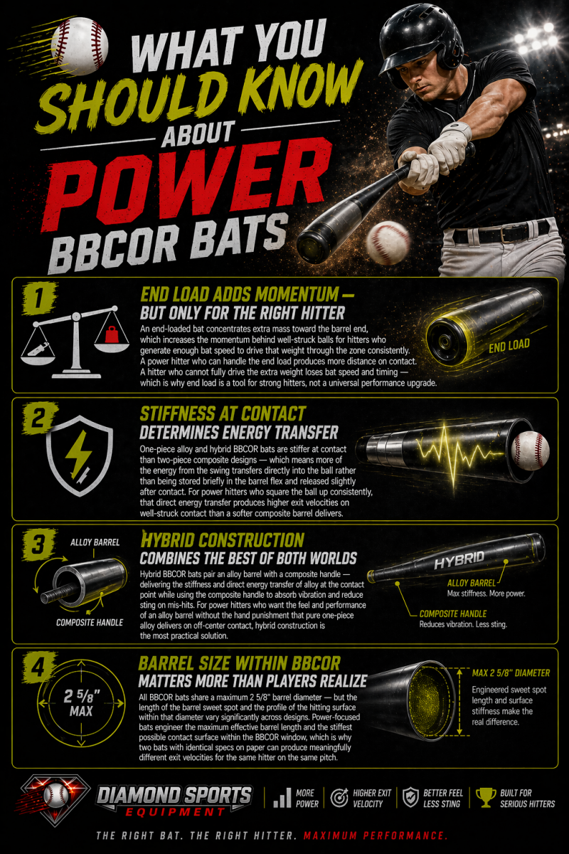 BBCOR power bats “What You Should Know” infographic covering end load, stiffness, hybrid construction, and barrel size with DSE branding.