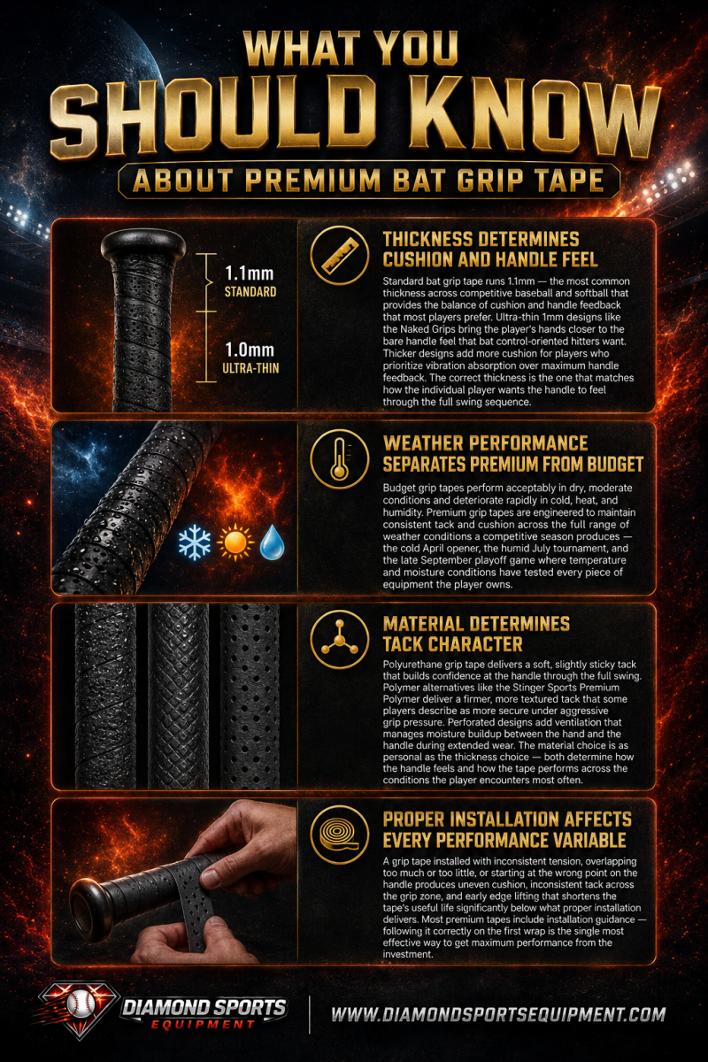 Premium bat grip tape infographic featuring thickness comparison, weather performance, material types, and installation guidance in a fiery cosmic baseball design with the official Diamond Sports Equipment logo and website at the bottom left.