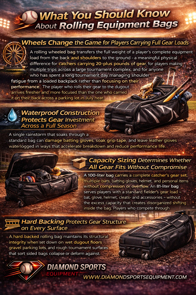 Rolling equipment bags “What You Should Know” infographic explaining wheels, waterproof construction, capacity sizing, and hard backing features in a high-energy stadium-style design with Diamond Sports Equipment branding.