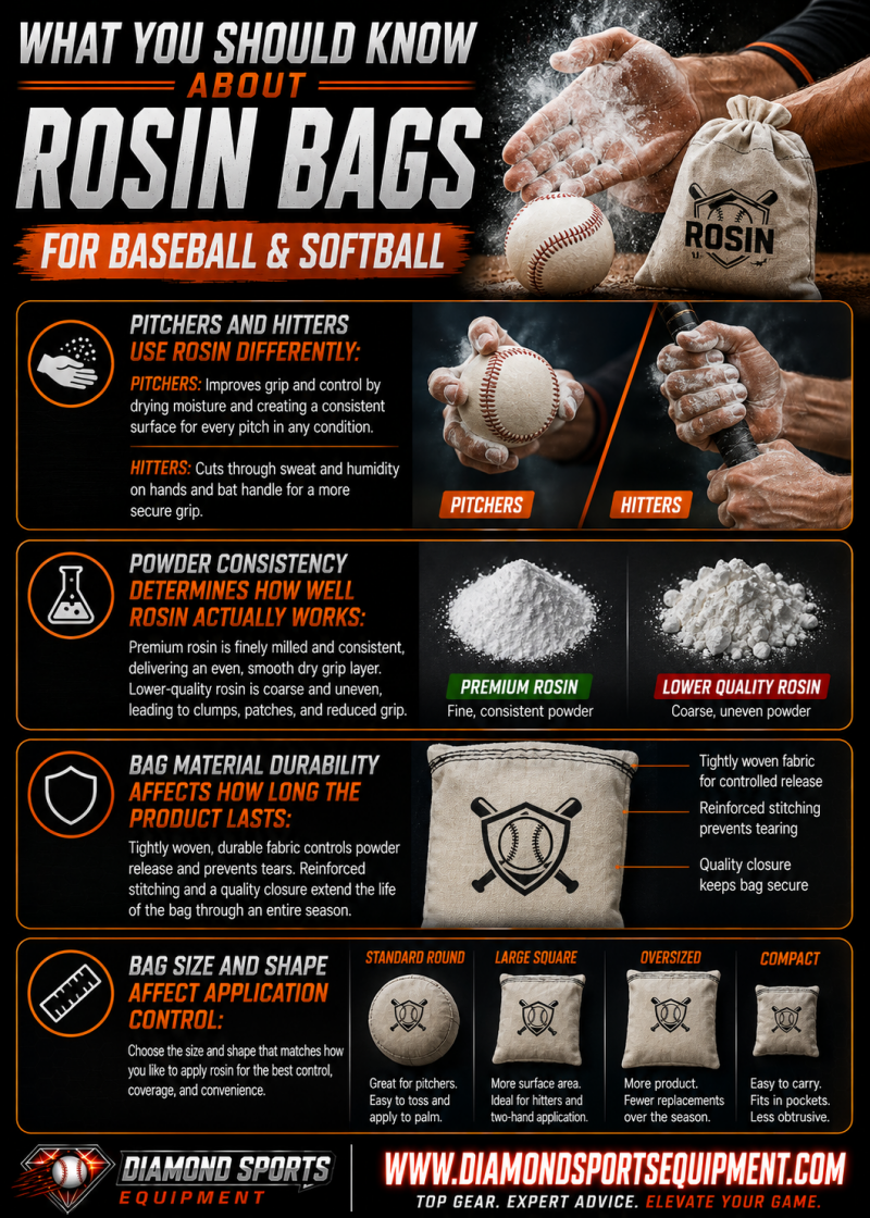 Rosin bags infographic covering pitcher and hitter applications, powder consistency, bag durability, and size differences for baseball and softball grip management.
