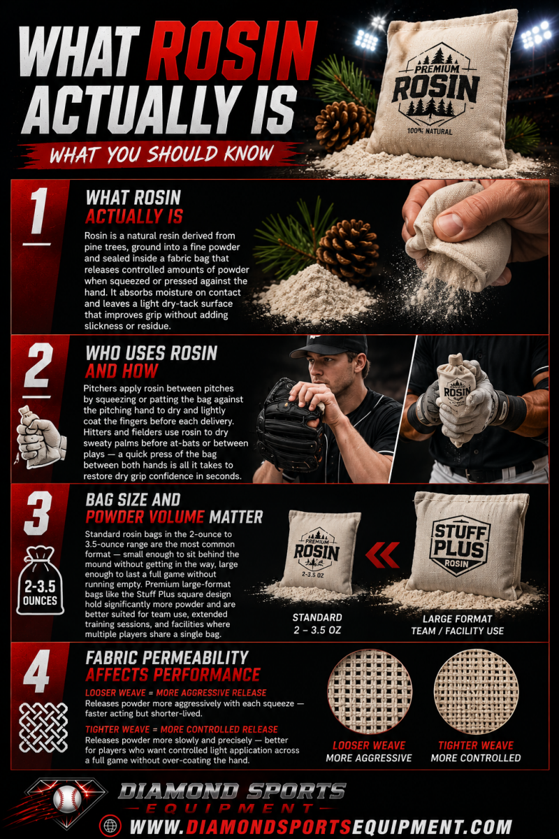 Rosin bag infographic explaining what rosin is, how pitchers and hitters use it, bag size differences, and fabric permeability effects on grip performance.