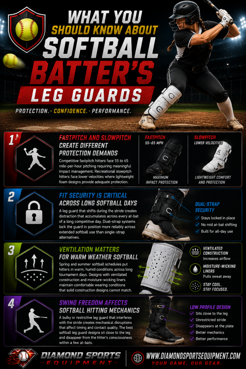 Softball batter’s leg guards infographic explaining fastpitch vs slowpitch protection, fit security, ventilation, and lightweight swing-friendly construction for softball hitters.