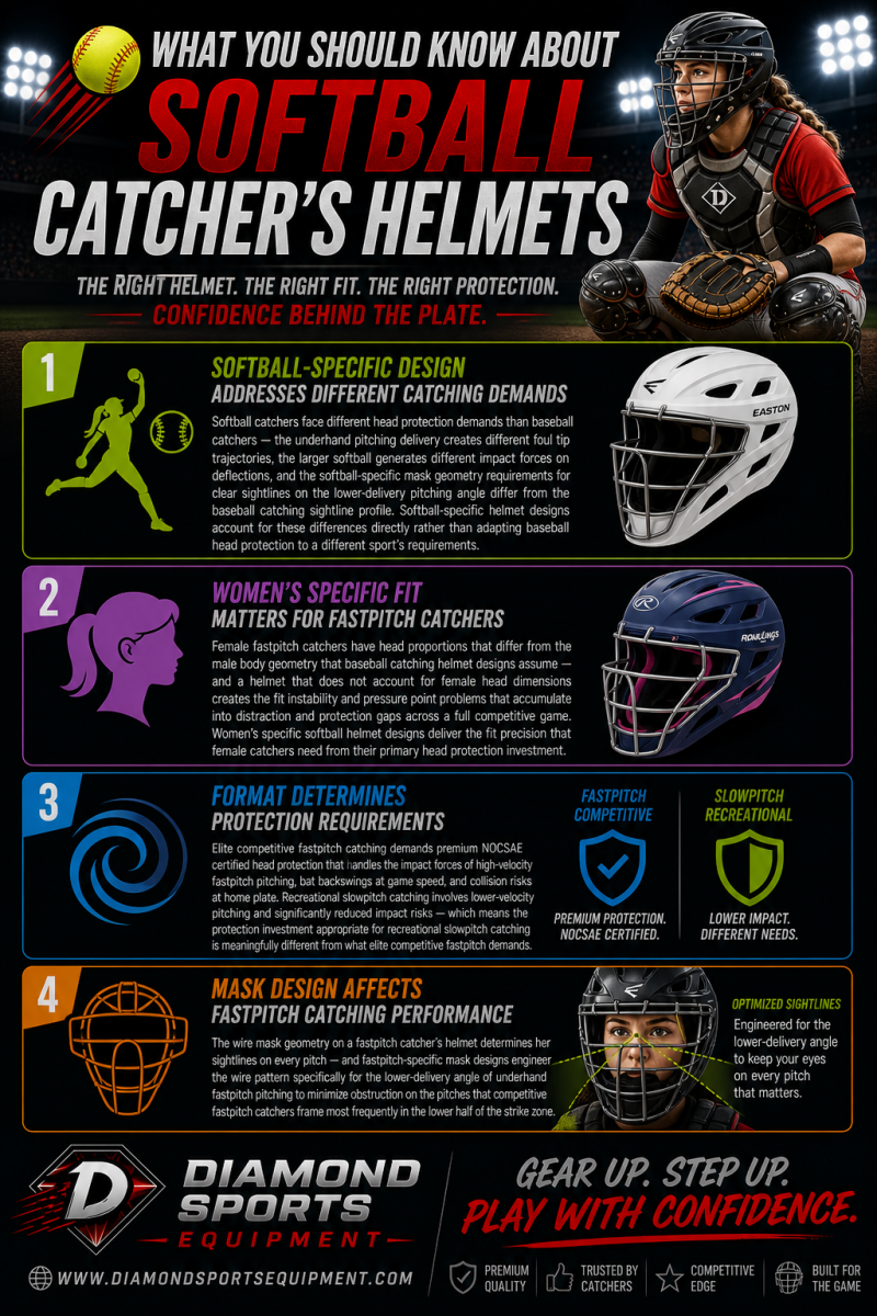 Softball catcher’s helmets infographic highlighting design, fit, protection level, and mask visibility on a dark stadium background with Diamond Sports Equipment branding.