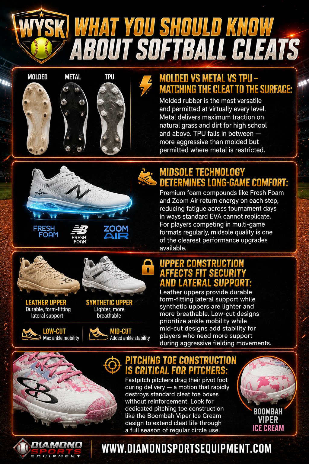 Softball cleats infographic explaining molded vs metal vs TPU cleats, midsole comfort technology, upper construction differences, and pitching toe protection for fastpitch players.