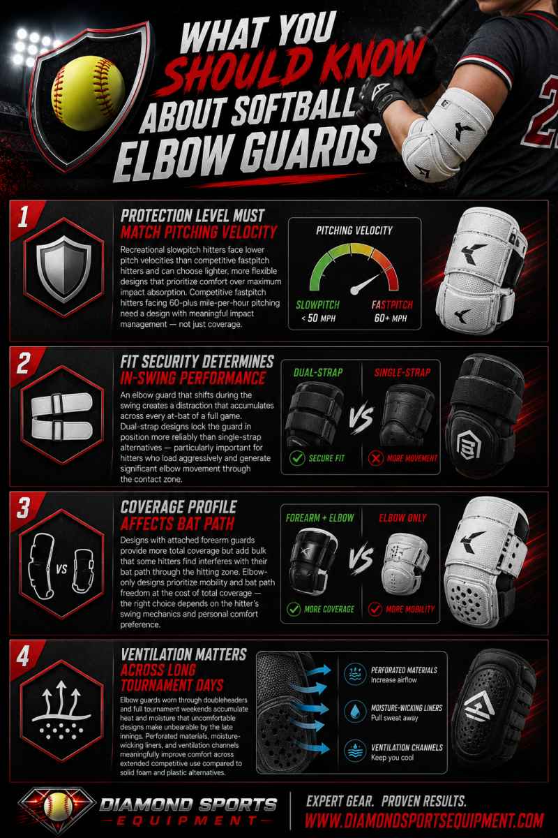 Softball elbow guards infographic explaining protection levels, fit security, coverage profiles, and ventilation features for fastpitch and slowpitch players.