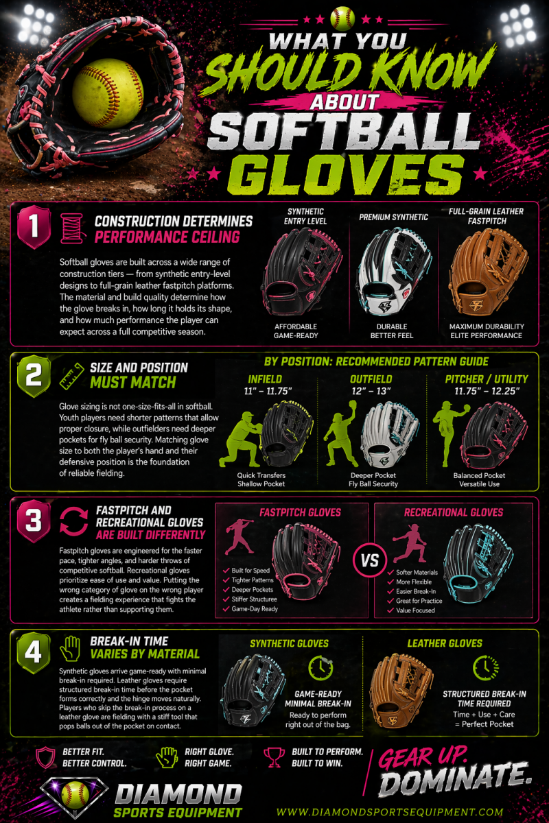 Softball gloves “What You Should Know” infographic covering construction, sizing, fastpitch vs recreational differences, and break-in with DSE branding.