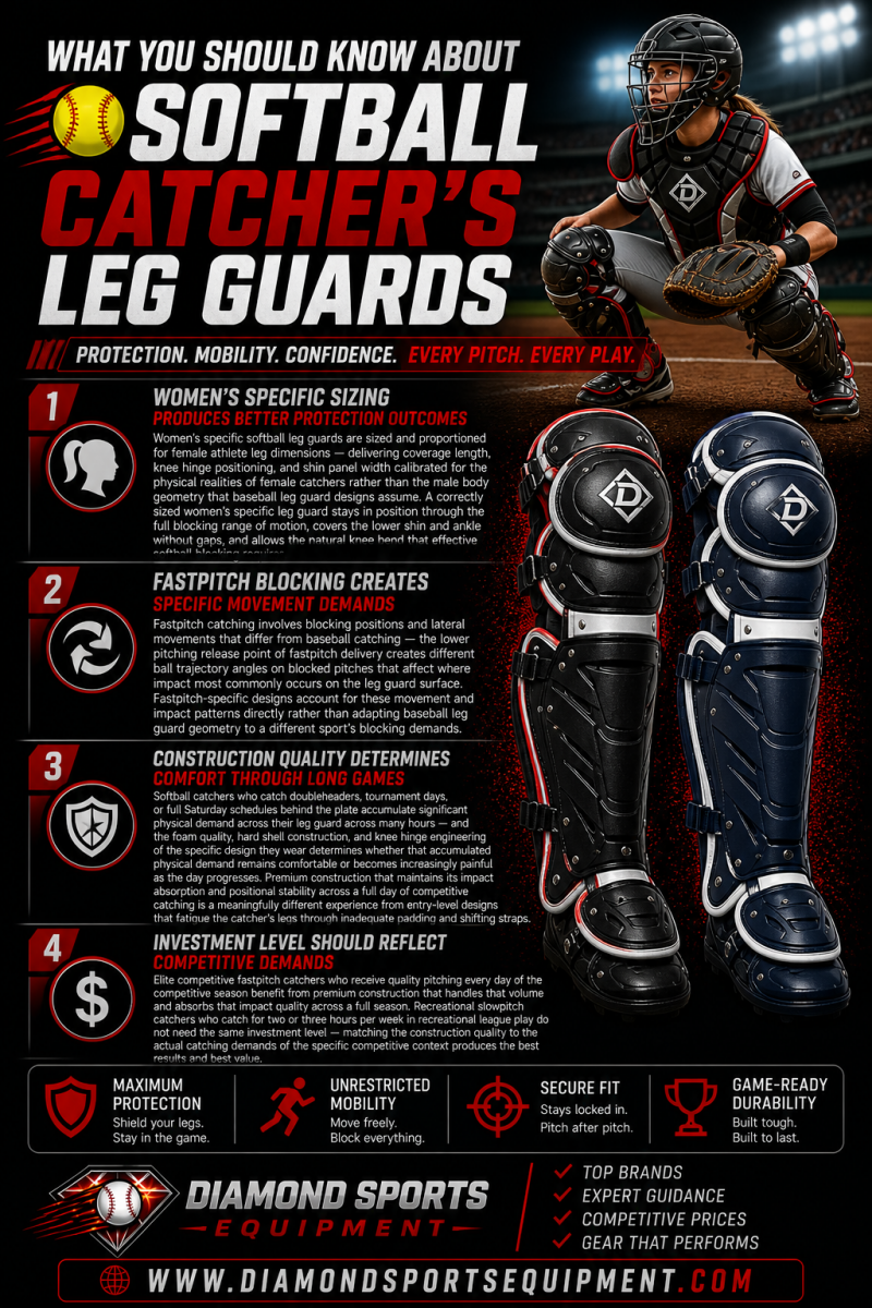 Softball catcher’s leg guards “What You Should Know” infographic highlighting women’s-specific sizing, fastpitch movement demands, construction comfort, and investment level on a dark stadium background with Diamond Sports Equipment branding in the bottom
