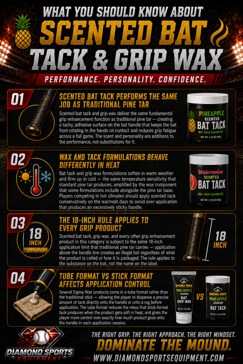 Scented bat tack and grip wax infographic explaining pine tar-style grip performance, temperature effects, the 18-inch rule, and tube versus stick application methods for baseball hitters.