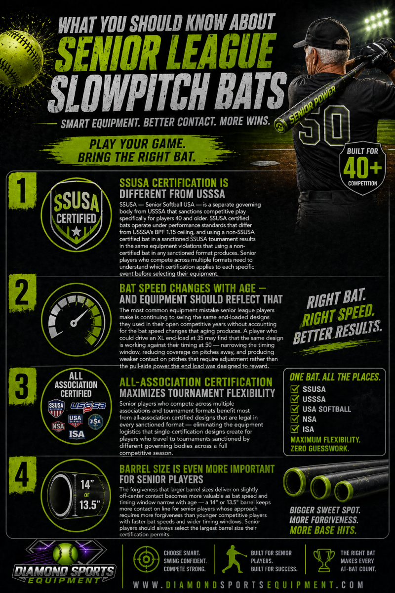 Senior league slowpitch bats “What You Should Know” infographic covering SSUSA certification, bat speed changes with age, all-association flexibility, and barrel size importance with DSE branding.