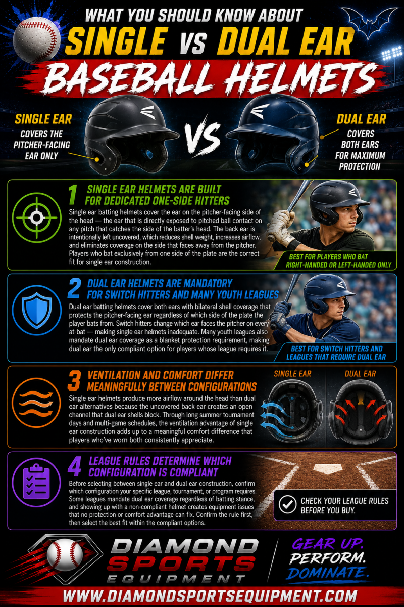 Easton Z5 2.0 Single Ear Helmet, Rawlings Mach Single Ear Helmet, Easton Z5 2.0 Dual Ear Helmet, Rawlings Mach Dual Ear Helmet, EvoShield XVT Helmet, and Mizuno B6 Helmet comparison infographic showing single ear vs dual ear baseball helmet protection.