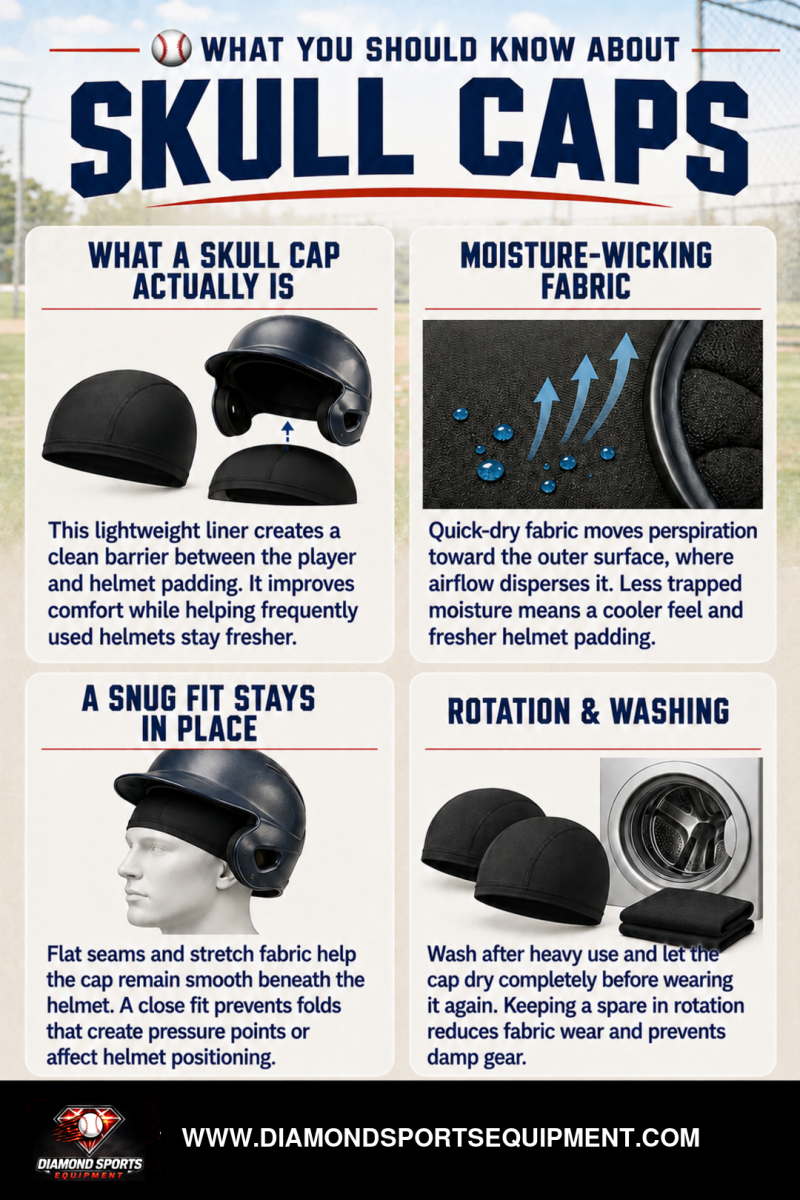 Baseball skull cap guide covering fit, moisture-wicking fabric, helmet compatibility, and washing and rotation.