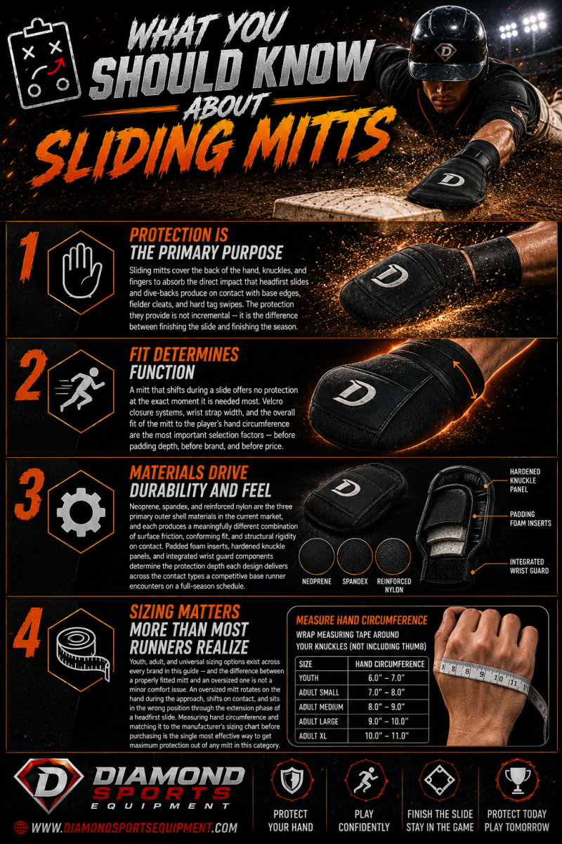 Sliding Mitts infographic featuring protective baseball sliding mitts, headfirst slide safety graphics, sizing guidance, reinforced wrist protection, and dramatic cosmic stadium styling with Diamond Sports Equipment branding.