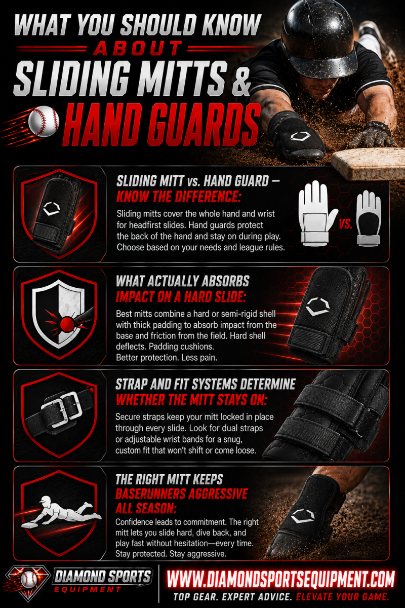 Sliding mitts and hand guards infographic explaining protection differences, impact absorption, secure fit systems, and confidence-building baserunning protection.