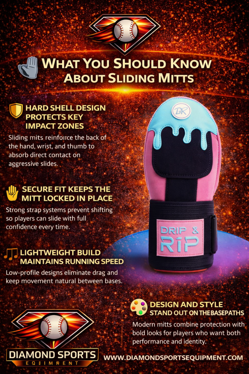 Sliding mitt infographic showing hard shell protection, secure strap fit, lightweight design, and bold styles on a fiery background with Diamond Sports Equipment logo and website