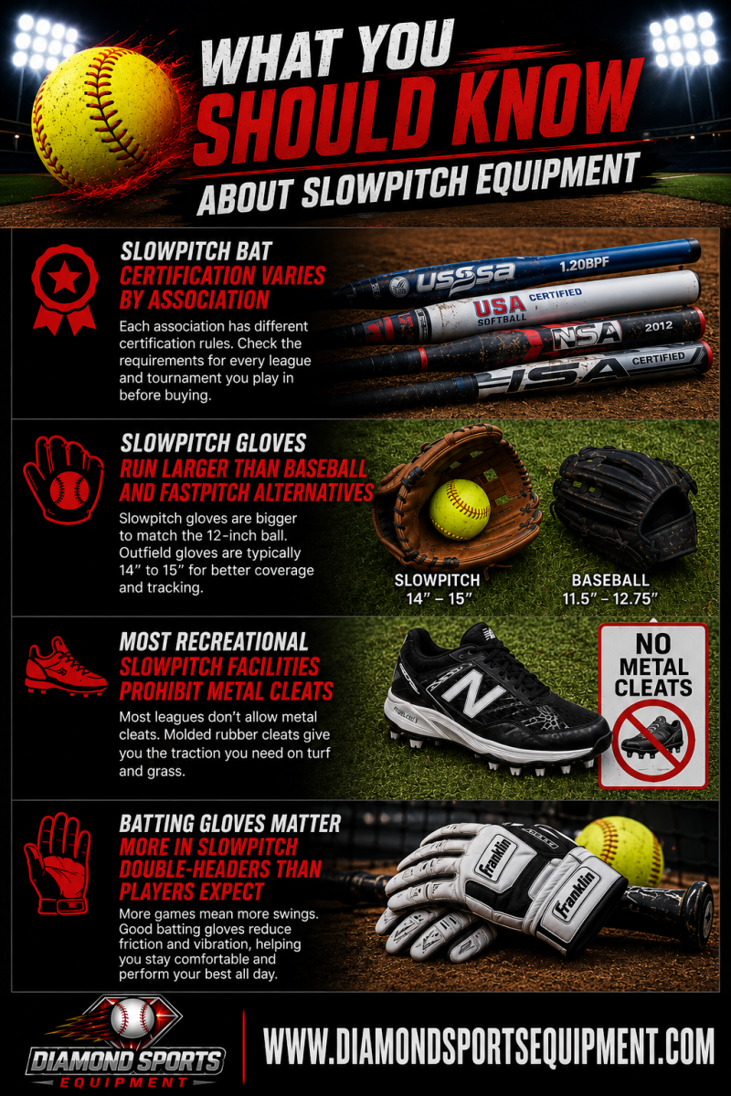 Miken Freak Gold Bat, Louisville Slugger Genesis Bat, Rawlings Slowpitch Glove, New Balance Molded Cleats, and Franklin Batting Gloves featured in a Slowpitch Equipment WYSK graphic.