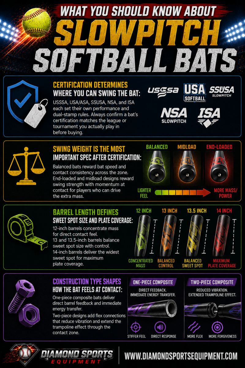 Slowpitch Softball Bats WYSK infographic covering certification stamps, swing weight options, barrel lengths, and one-piece vs two-piece bat construction.