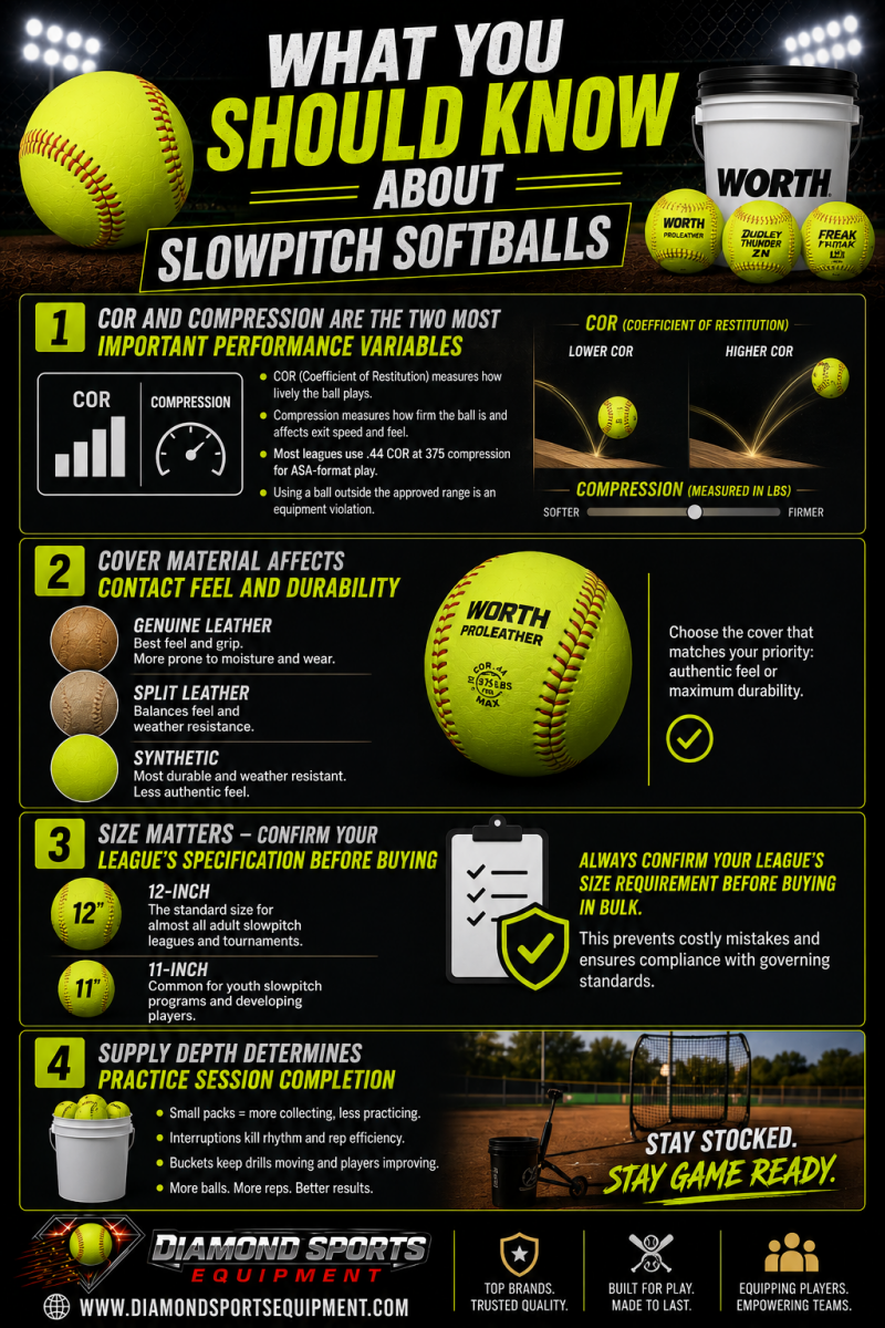 Infographic titled “What You Should Know About Slowpitch Softballs” featuring COR and compression ratings, softball cover materials, league size specifications, bucket softballs, and Diamond Sports Equipment branding on a dark stadium-style background.