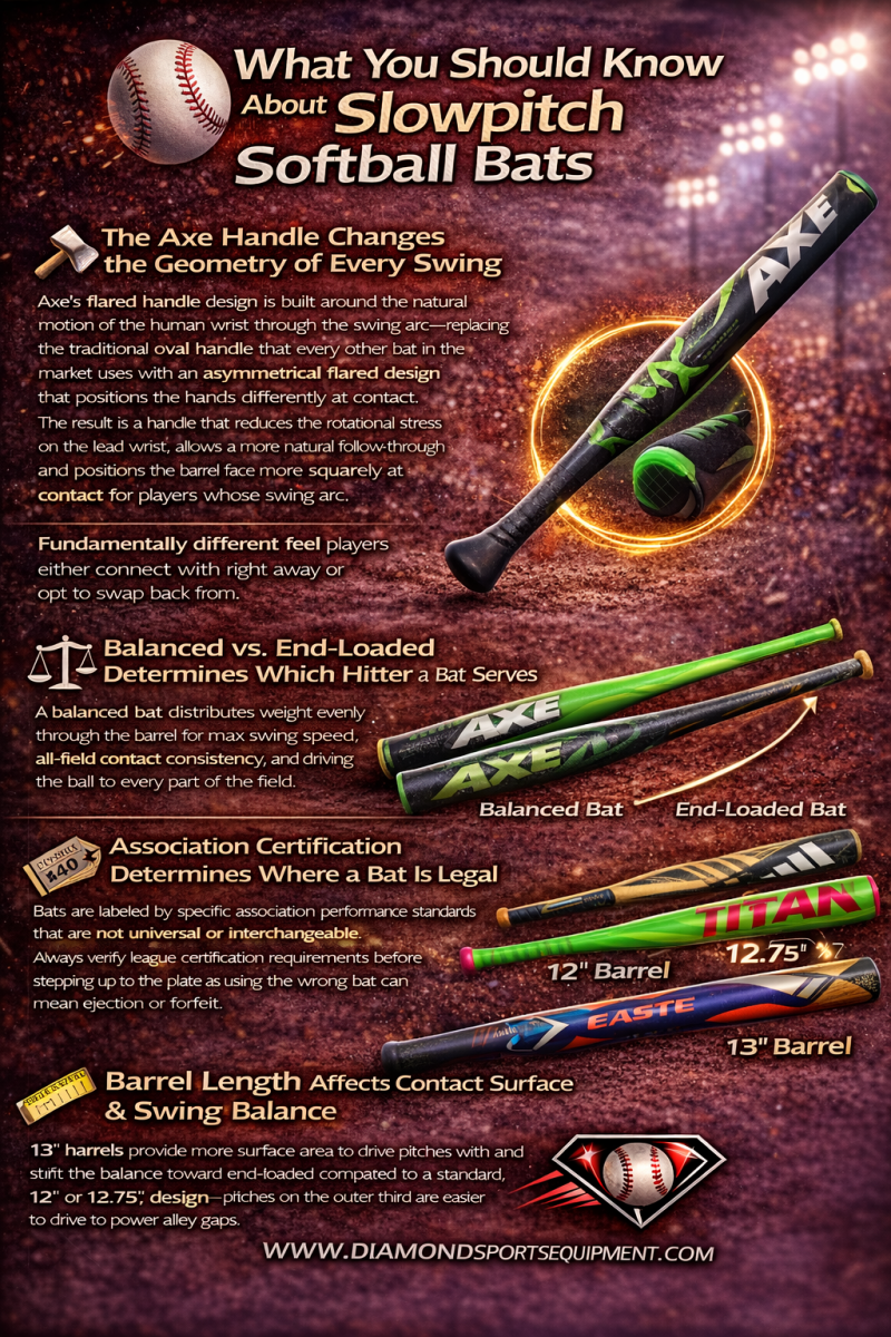 Slowpitch softball bats infographic explaining axe handle design, balanced vs end-loaded swing weight, league certification differences, and barrel length impact with Diamond Sports Equipment branding.