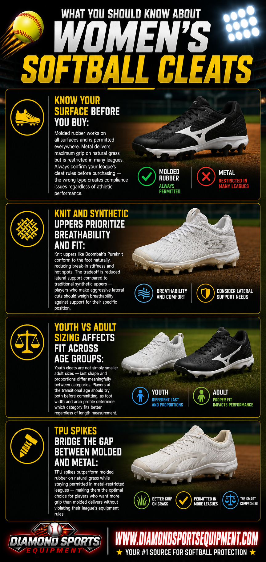 Women's Softball Cleats infographic covering cleat types, knit vs synthetic uppers, youth vs adult sizing, and TPU spikes.