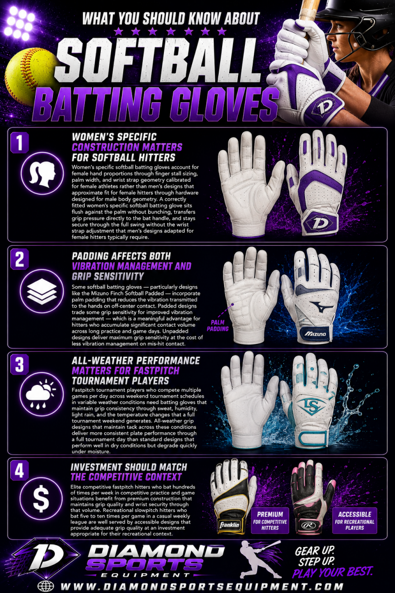 Softball batting gloves infographic covering women’s fit, palm padding, all-weather grip performance, and batting glove comfort.