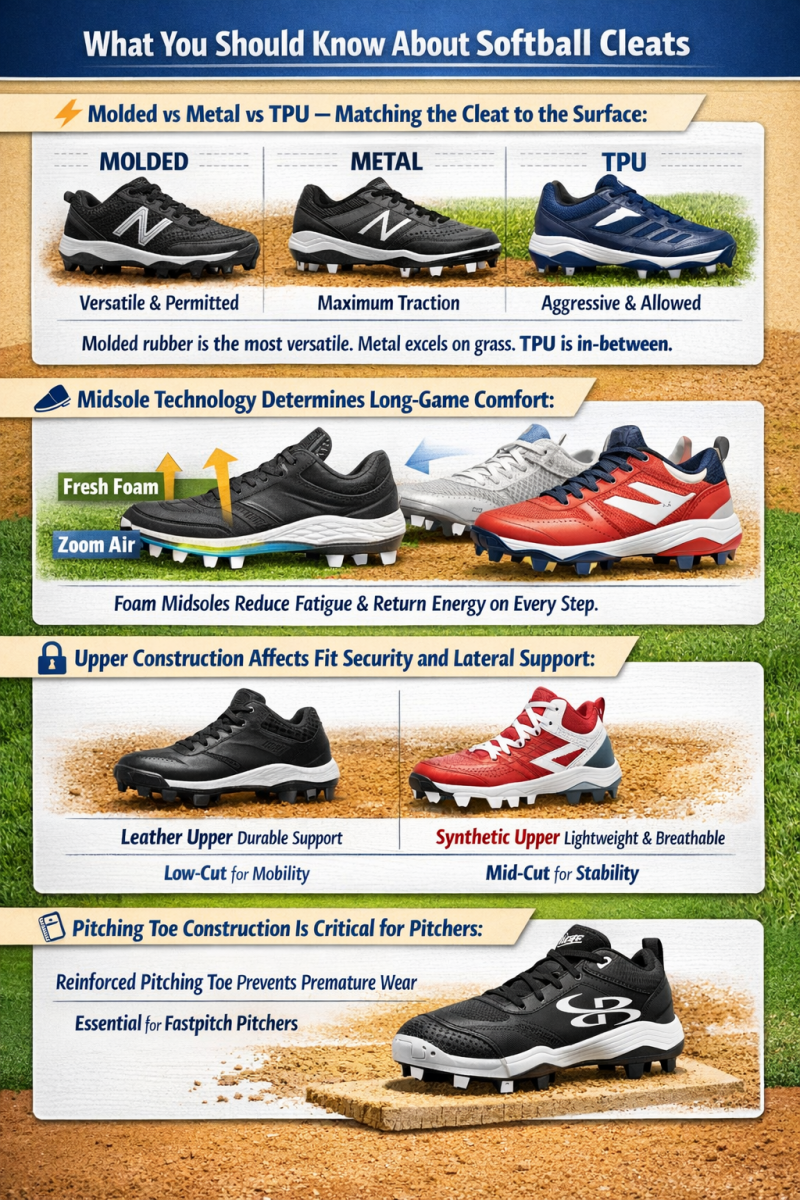 Infographic explaining cleat types, midsole comfort, upper construction, and pitching toe durability for softball cleats.