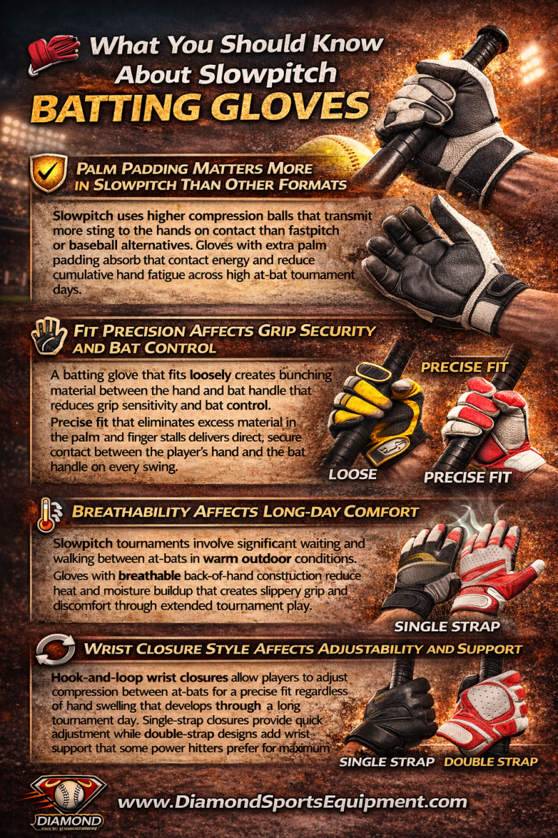 Infographic explaining slowpitch batting gloves, highlighting palm padding, fit precision, breathability, and wrist closure styles for improved comfort and performance.