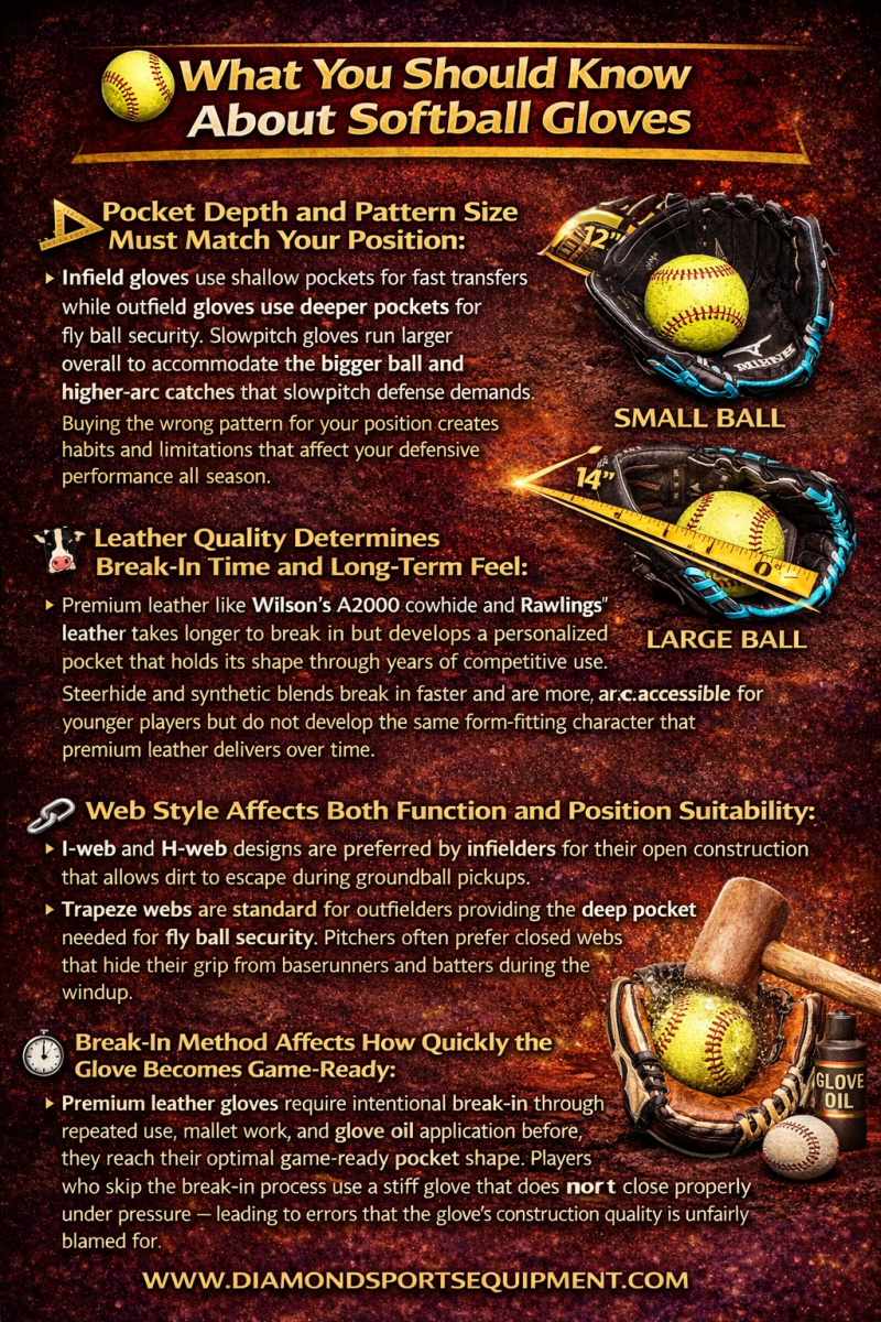 Infographic explaining pocket depth, leather quality, web styles, and break-in process for softball gloves.