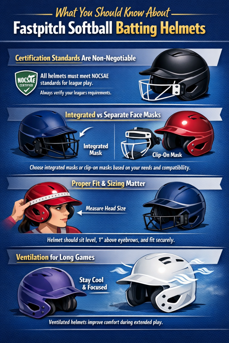 Infographic explaining certification standards, mask types, helmet fit, and ventilation for fastpitch softball batting helmets.