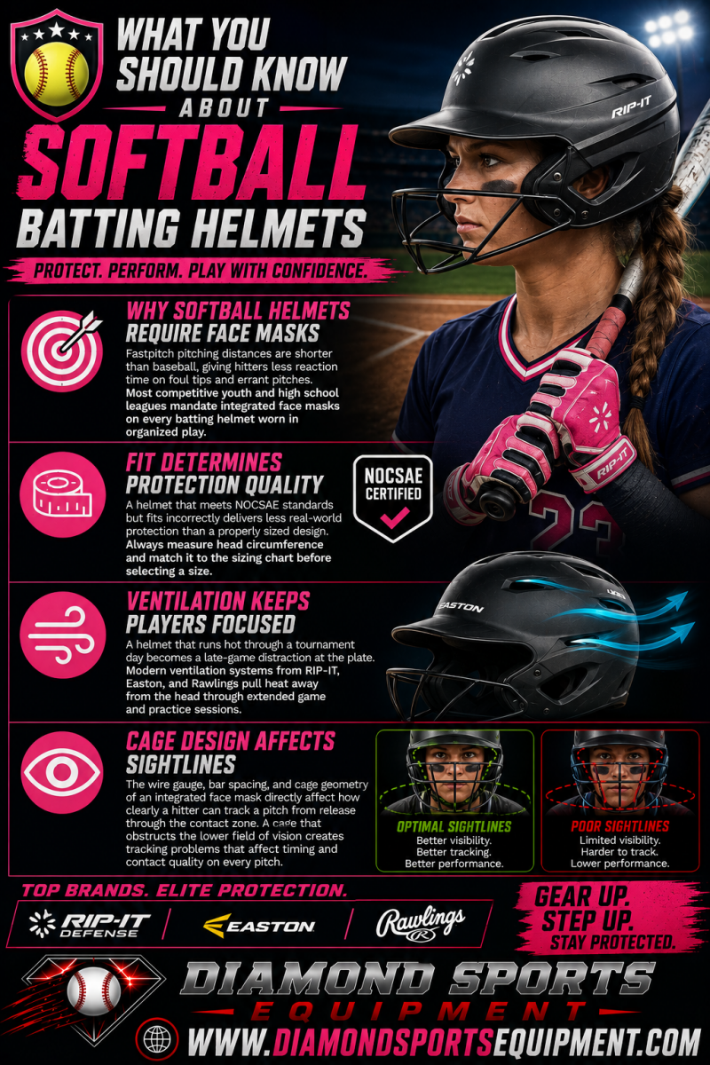 Softball batting helmets infographic explaining face mask requirements, helmet fit, ventilation systems, and cage sightline design for competitive softball players.