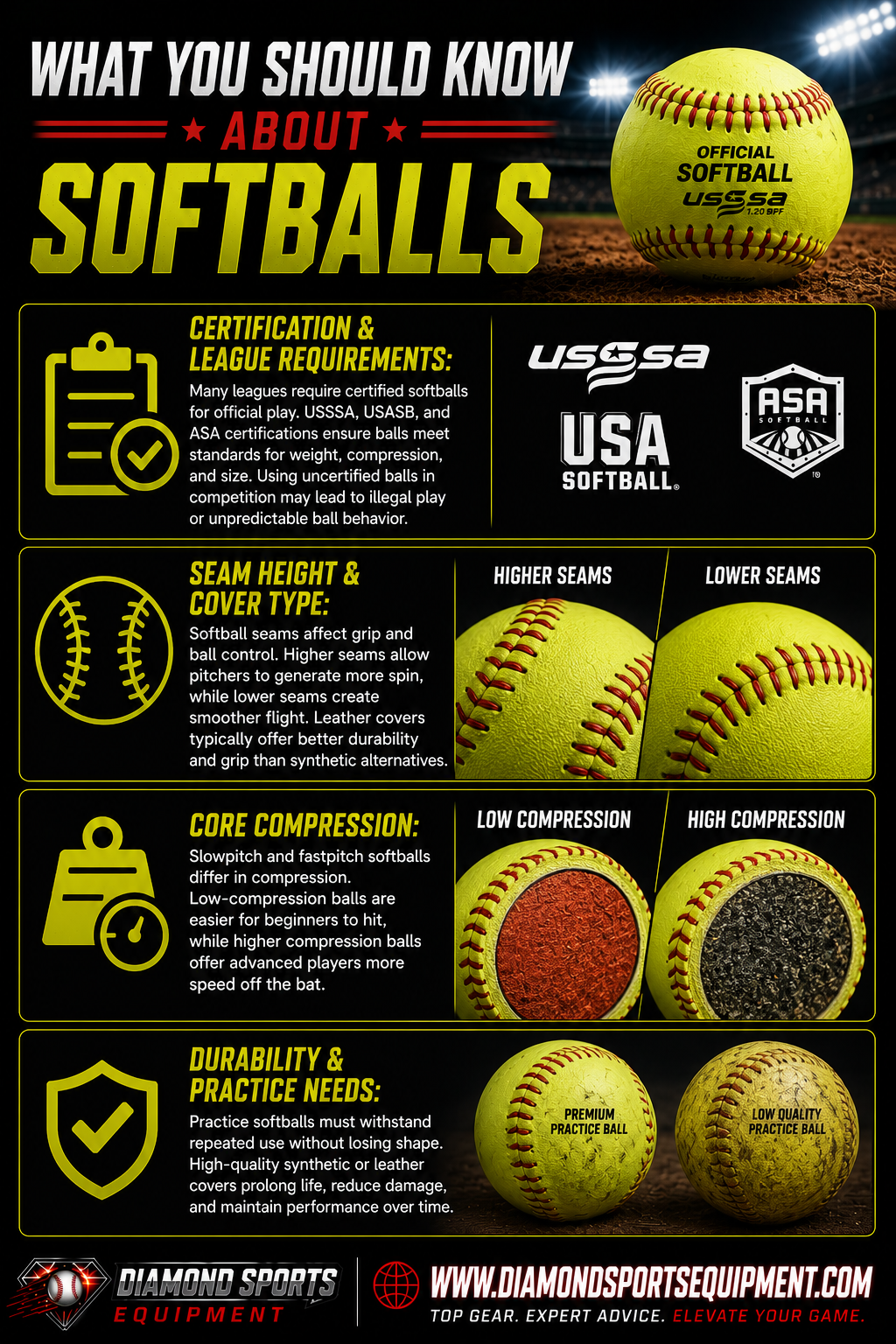 Softballs infographic covering league certifications, seam height, core compression, and durability considerations for fastpitch and slowpitch softball play.