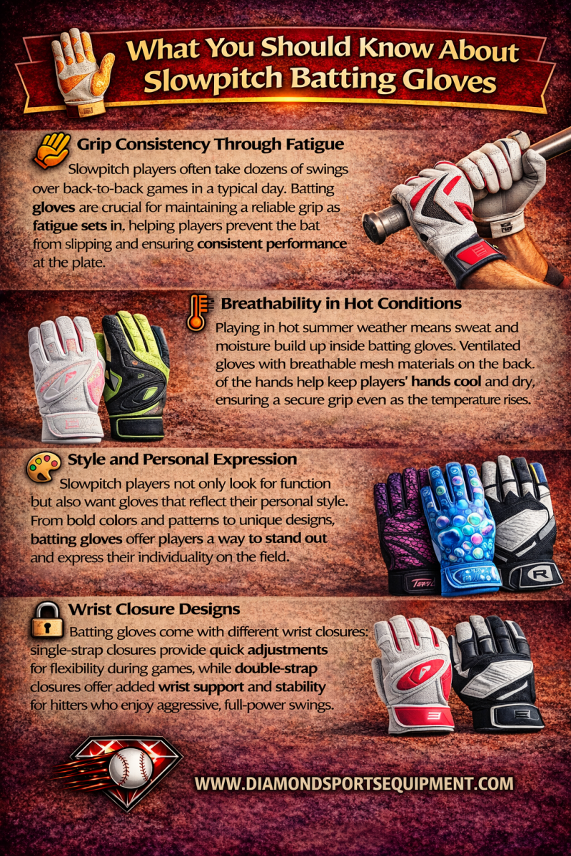 Slowpitch batting gloves guide infographic showing grip control, breathability, style options, and wrist support features