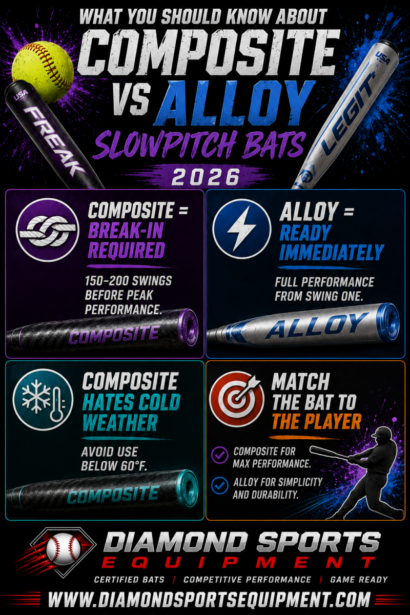 Composite vs alloy slowpitch bat infographic featuring Easton Fire Flex, Louisville Slugger Legit, composite slowpitch bats, and alloy slowpitch bats comparing break-in, cold-weather performance, and game-ready durability.