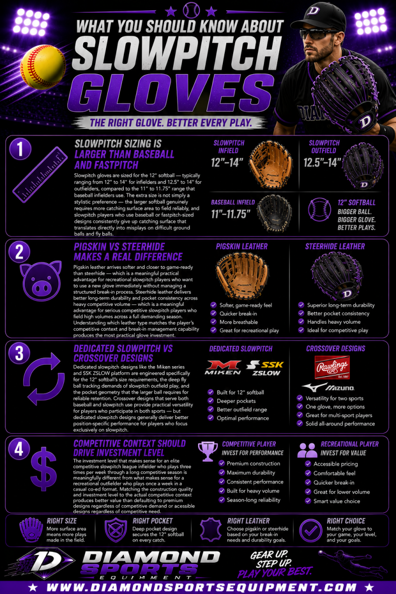 Slowpitch softball gloves infographic with sizing, leather types, and glove comparison guide for infielders and outfielders.