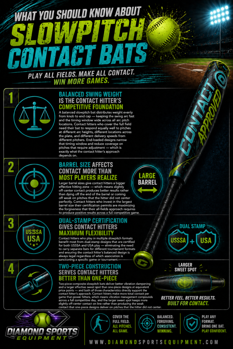 Slowpitch contact bats “What You Should Know” infographic covering balanced swing weight, barrel size, dual-stamp certification, and two-piece construction with DSE branding.