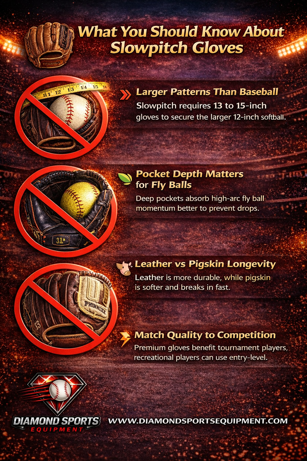 Slowpitch softball glove guide infographic explaining larger glove sizes, deep pocket benefits, leather vs pigskin durability, and matching glove quality to competition level.