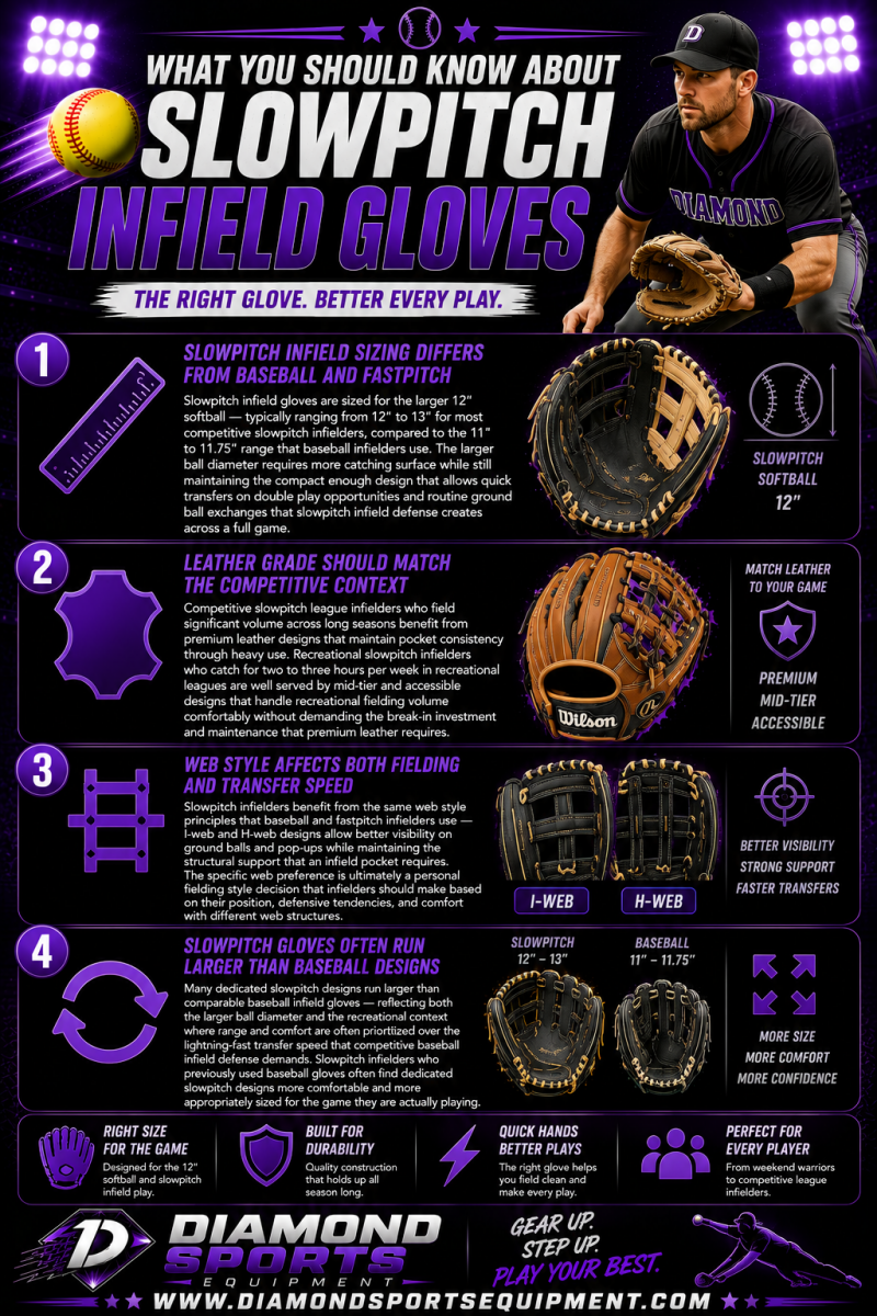 Slowpitch infield gloves infographic explaining glove sizing, leather grades, web styles, and larger slowpitch glove designs on a purple stadium background with Diamond Sports Equipment branding and bright white website URL.