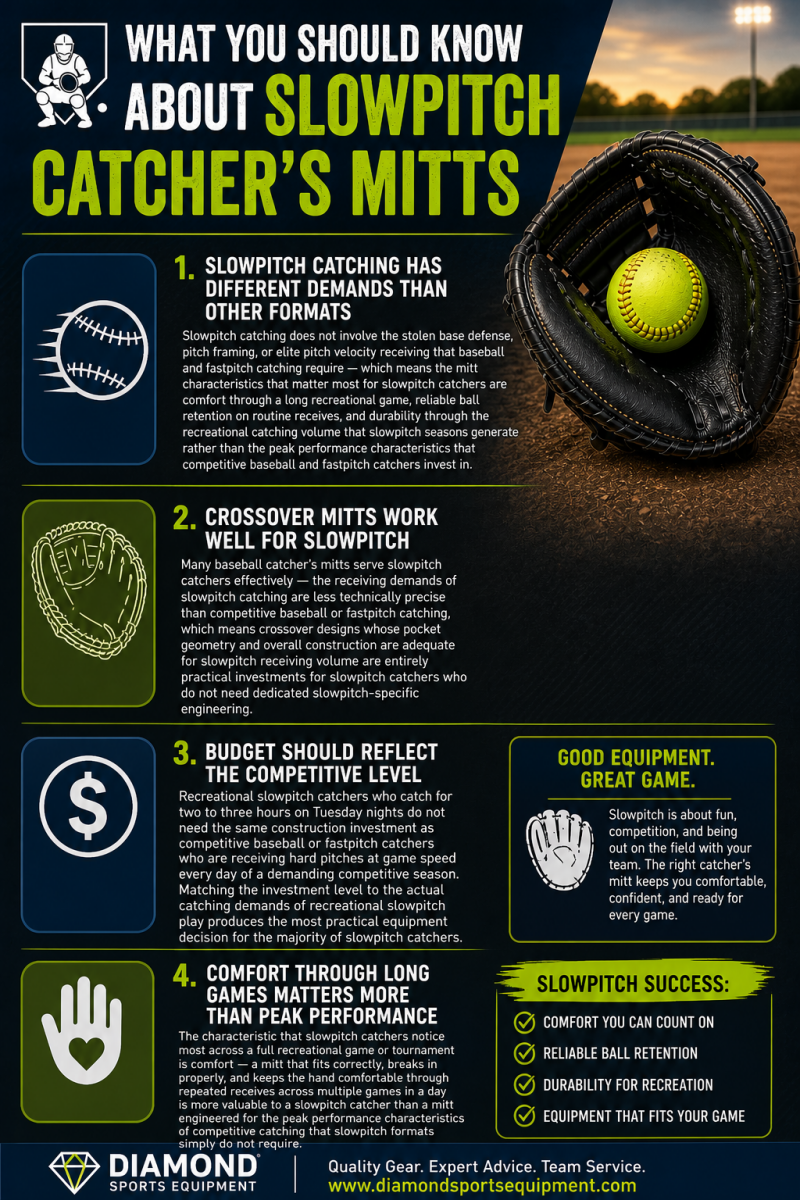 Slowpitch catcher’s mitts “What You Should Know” infographic highlighting comfort, crossover mitt use, budget considerations, and recreational performance needs on a dark stadium background with Diamond Sports Equipment logo and URL in the bottom left.