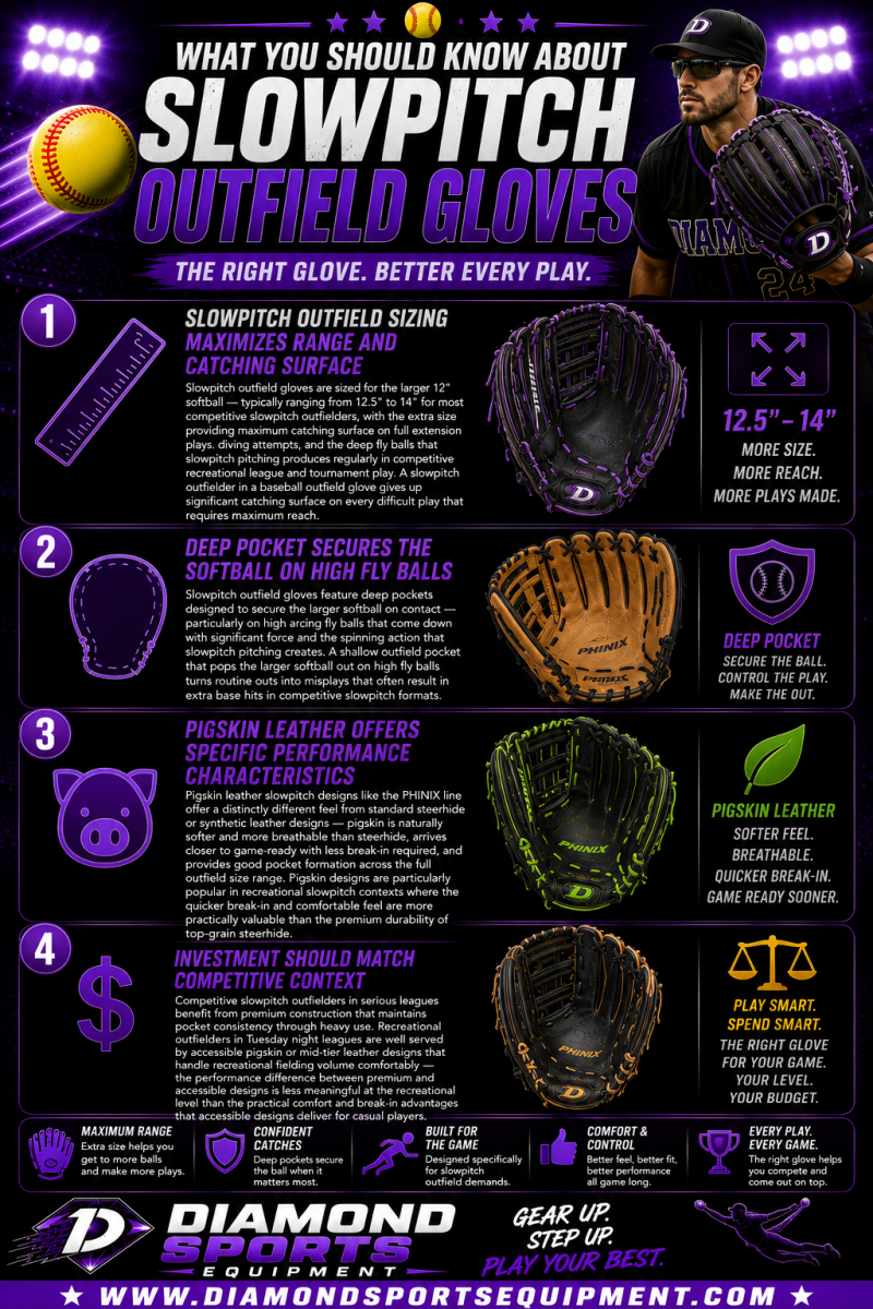 Slowpitch outfield gloves infographic explaining glove sizing, deep pocket designs, pigskin leather benefits, and slowpitch glove investment levels on a purple stadium background with Diamond Sports Equipment branding and bright white website URL.